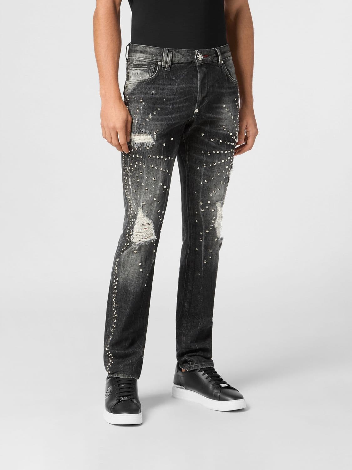 Philipp Plein Skinny Fit Distressed Stretch Denim Jeans with Studs · 32