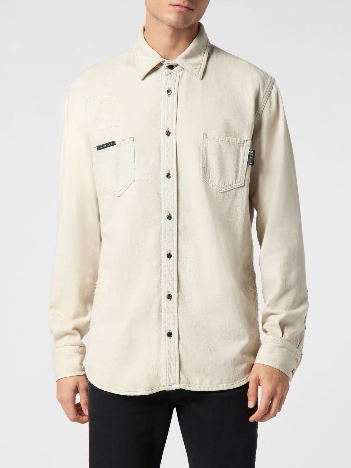 Philipp Plein Cotton Denim Shirt with French Collar and Patch Pockets