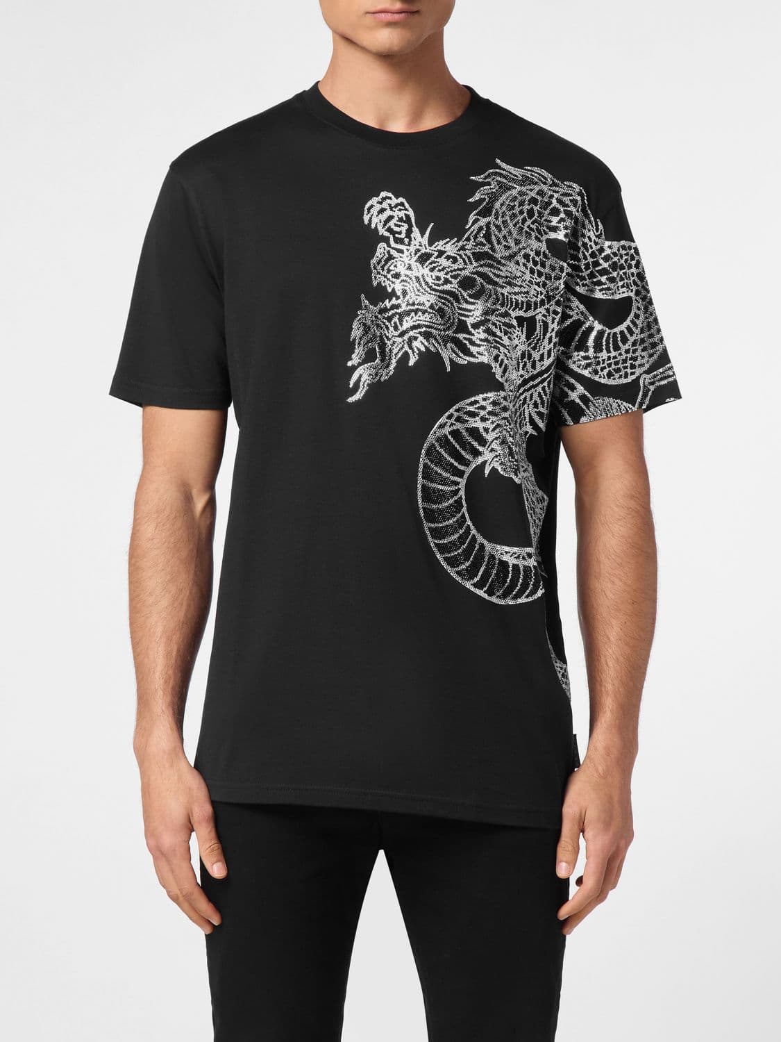 Philipp Plein Cotton Jersey T-shirt with Rhinestone Logo and Crew Neck