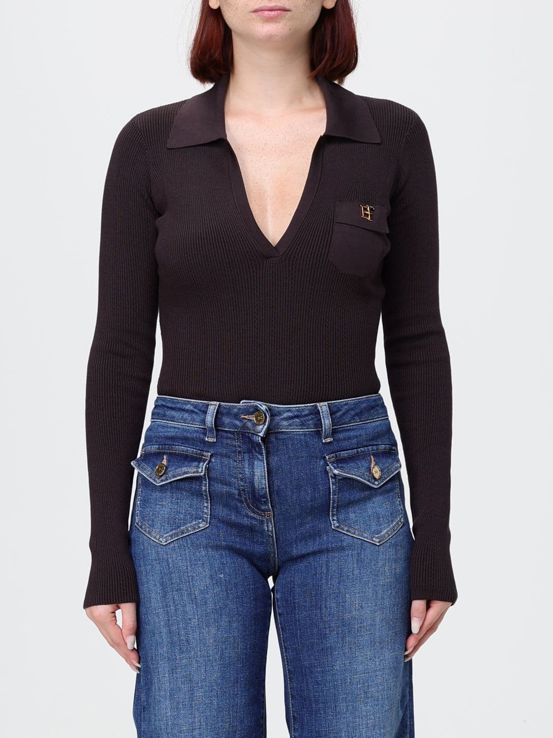 Elisabetta Franchi Slim Fit Long-Sleeved V-Neck Bodysuit with Ruffles