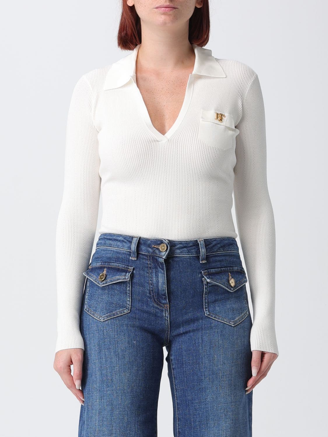 Elisabetta Franchi Slim Fit Long-Sleeved V-Neck Bodysuit with Ruffles