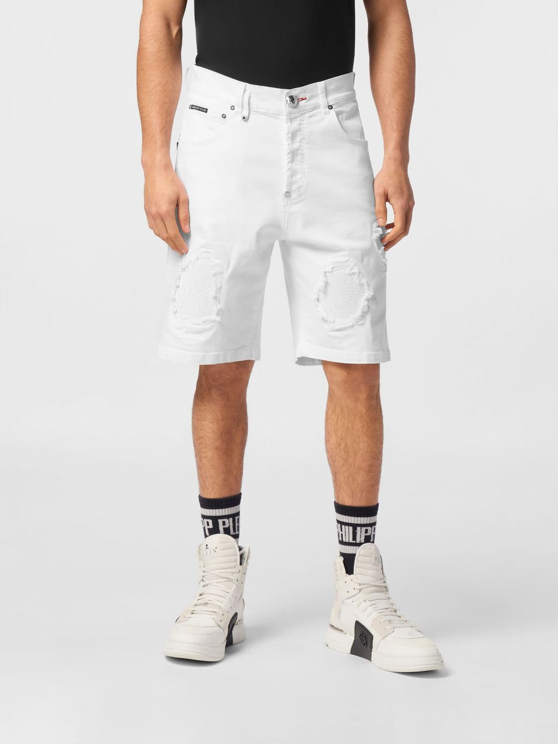 Philipp Plein Five-Pocket Distressed Denim Shorts with Worn-Out Effect