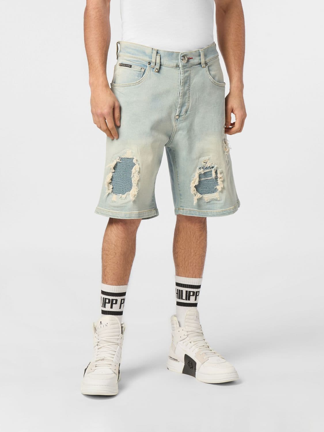 Philipp Plein Five-Pocket Distressed Denim Shorts with Worn-Out Effect