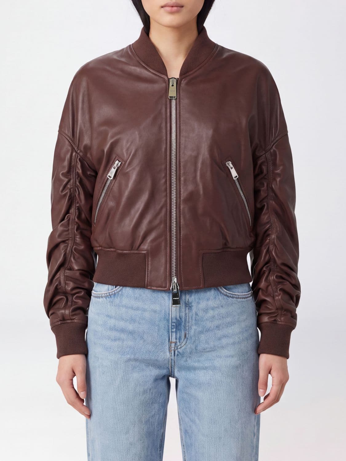 Dondup Cropped Synthetic Leather Bomber Jacket with Metal Zip Closure