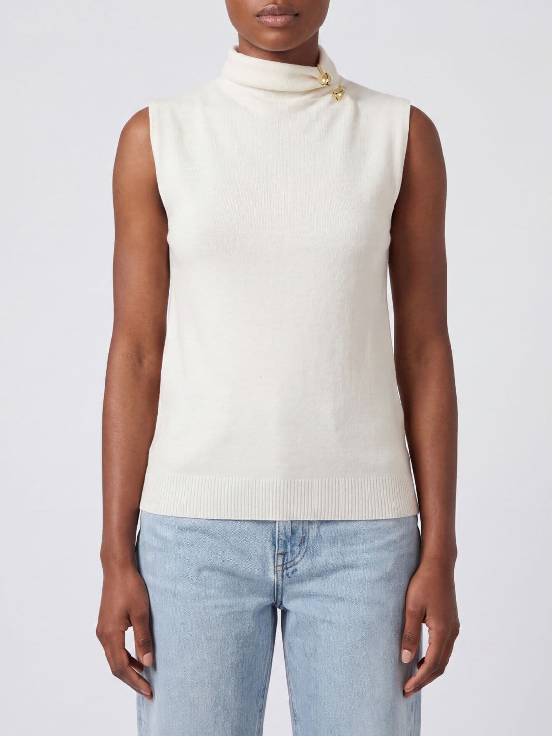 Alberta Ferretti Sleeveless Silk and Cashmere Mock Neck Top with Studs