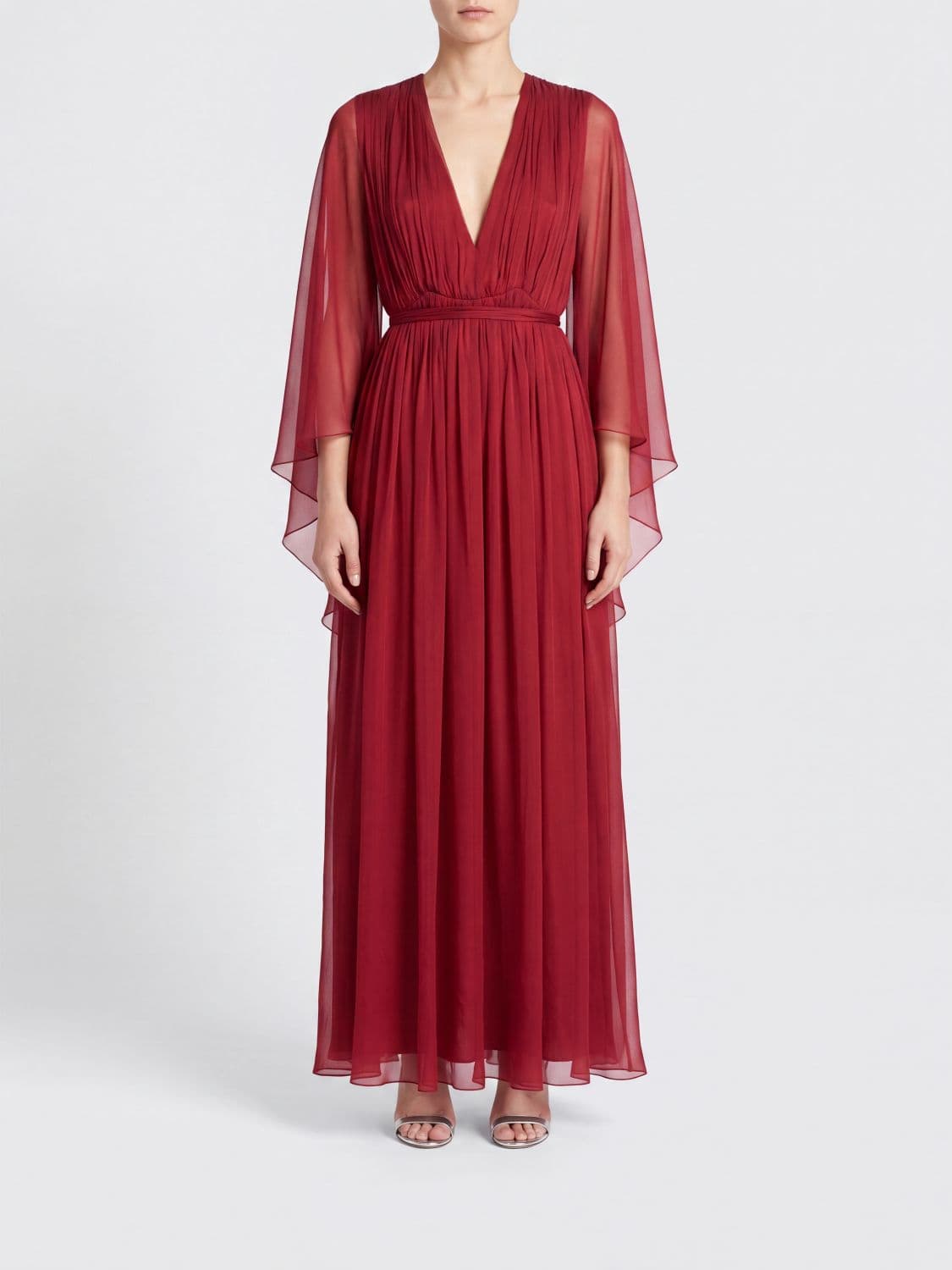 Alberta Ferretti Long Silk Evening Gown with V-Neck and Long Sleeves