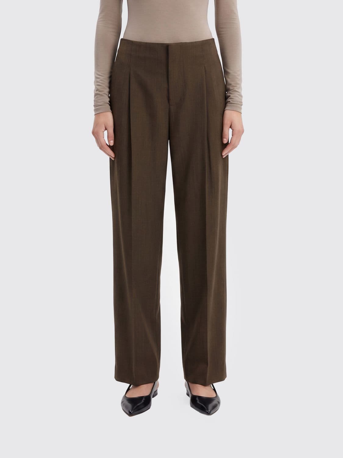 Alberta Ferretti Wide Leg Wool Blend Trousers with Pleats and Mid-Rise Waist