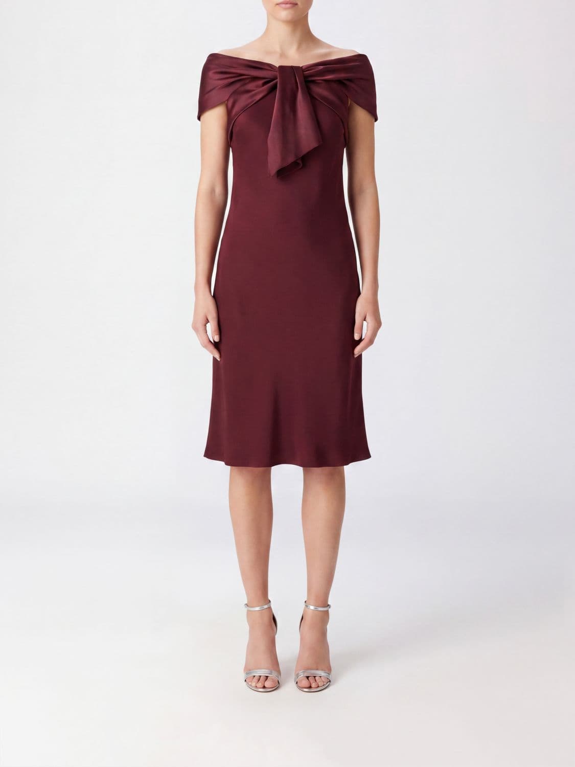 Alberta Ferretti Off-the-Shoulder Satin Sheath Midi Dress with Boat Neck