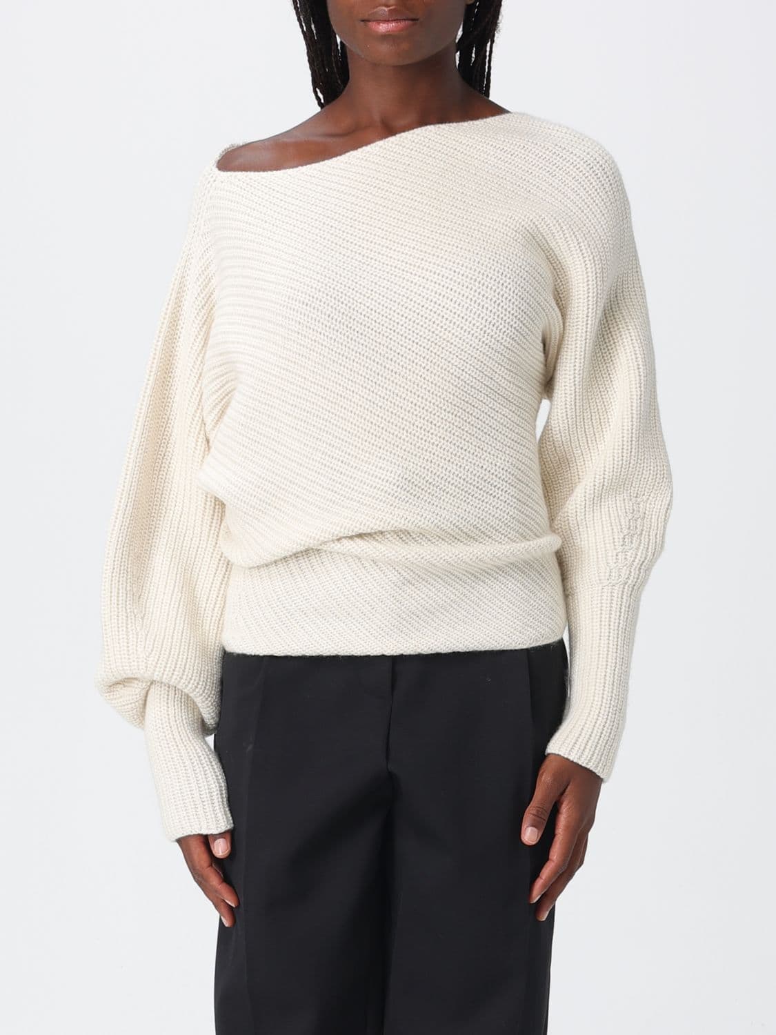 Alberta Ferretti Draped Wool and Silk Jumper with Asymmetric Neckline