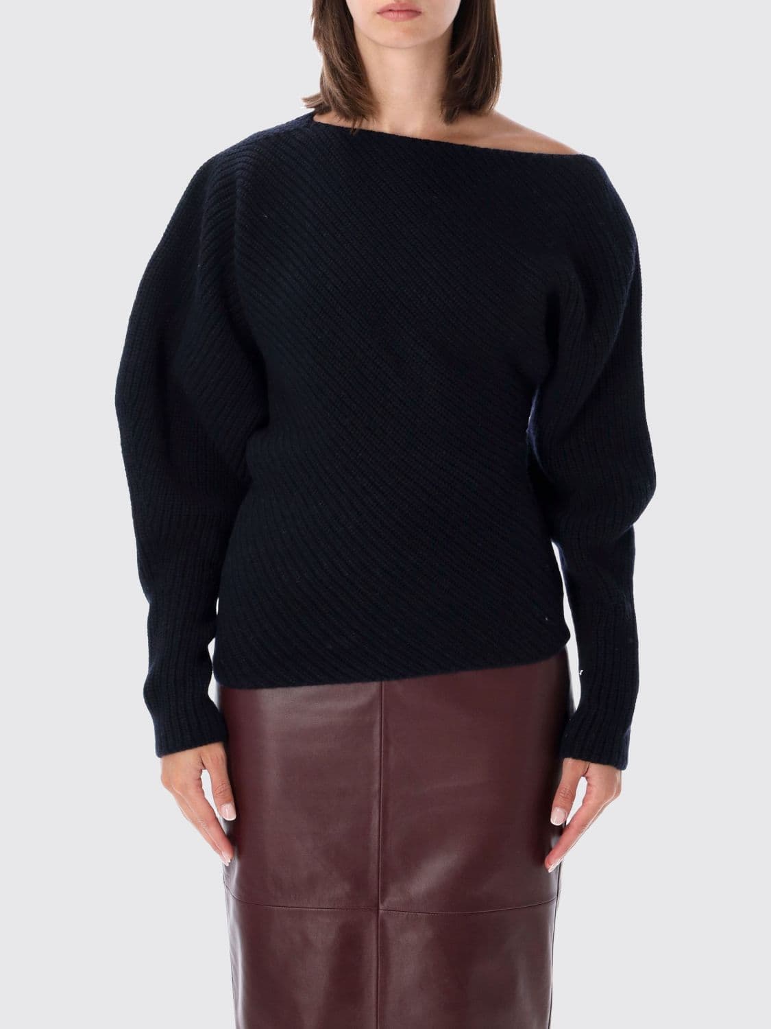 Alberta Ferretti Draped Wool and Silk Jumper with Asymmetric Neckline