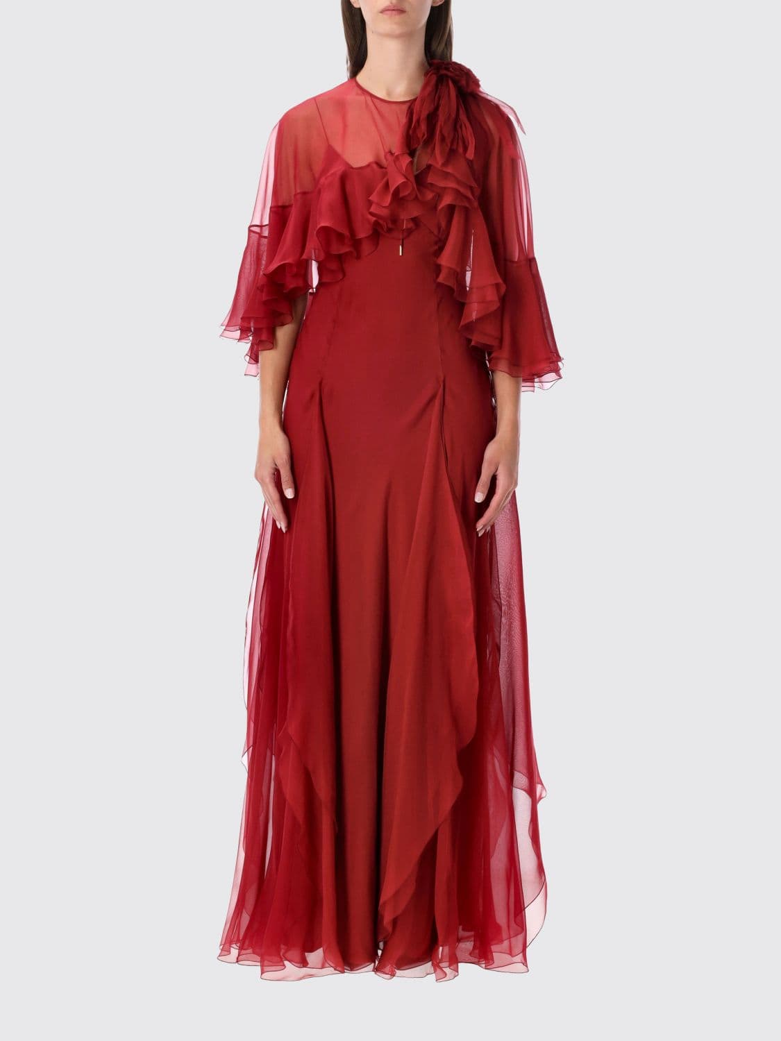Alberta Ferretti Silk Chiffon Long Evening Gown with Rouches
