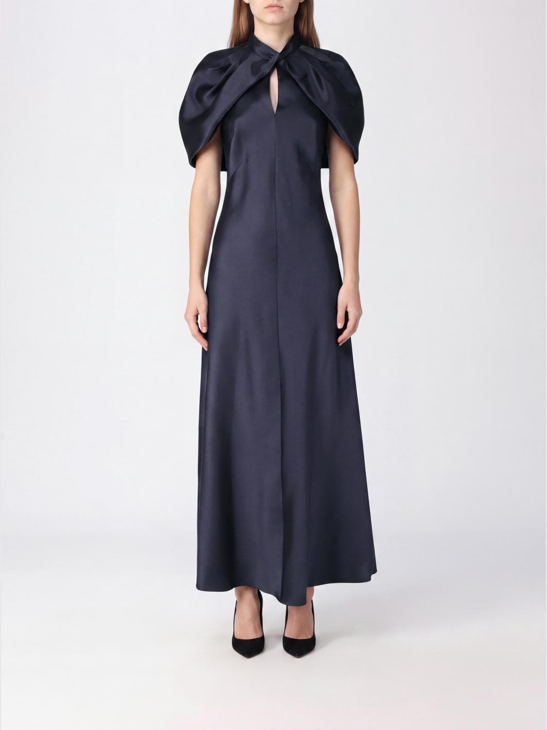 Alberta Ferretti Satin Midi Evening Dress with Puff Sleeves