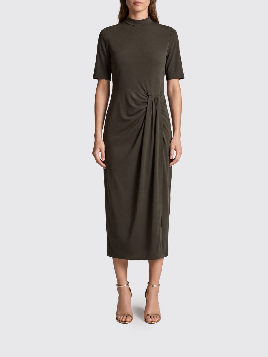Rotate Sheath Midi Dress in Jersey with Draped Waist and Short Sleeves
