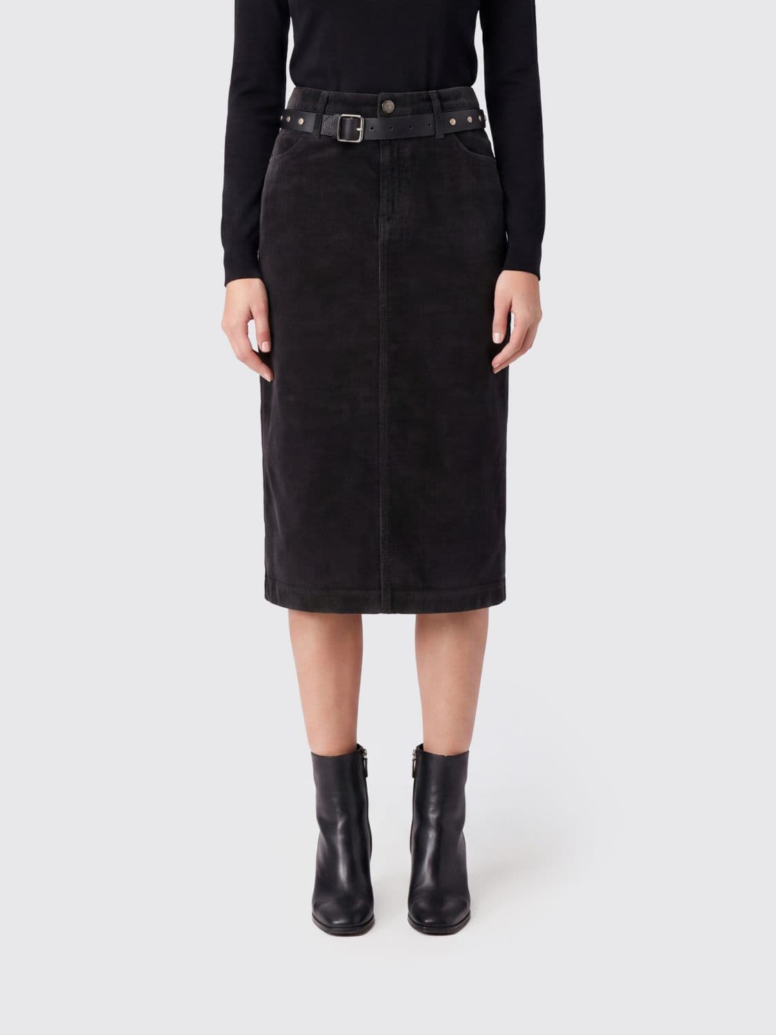 Pinko High-Waisted Corduroy Velvet Midi Pencil Skirt with Rear Slit