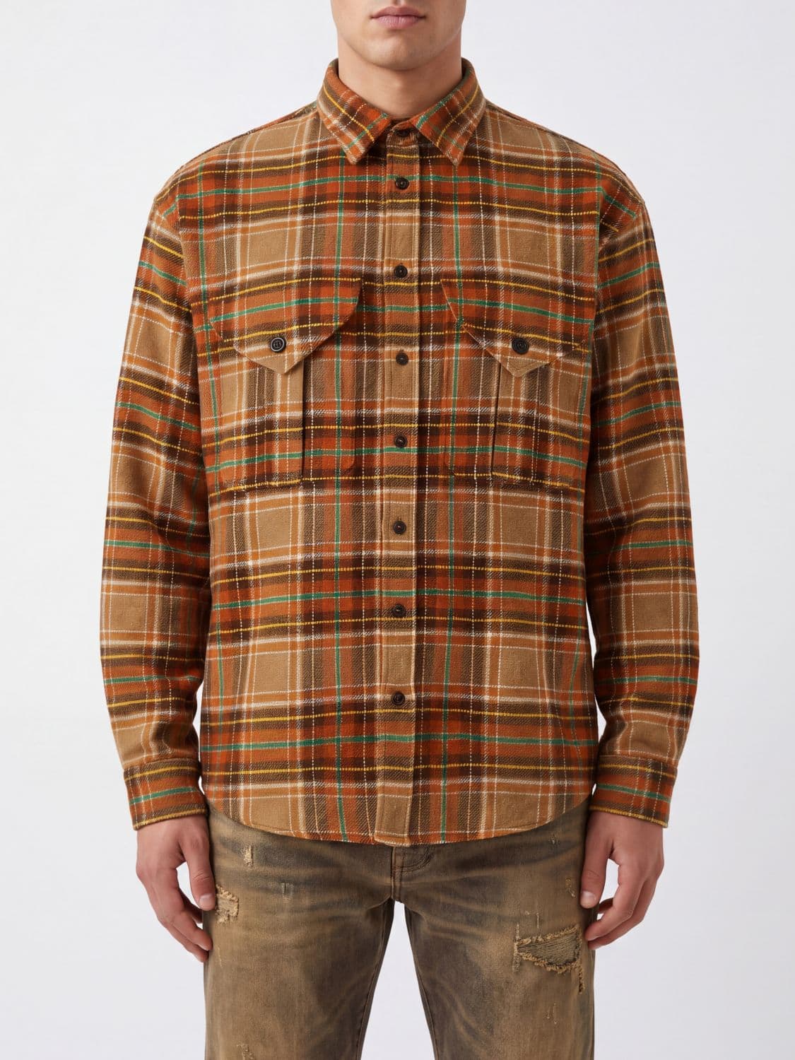 Dsquared2 Relaxed Fit Orange Tartan Wool-Blend Shirt with Flap Pockets
