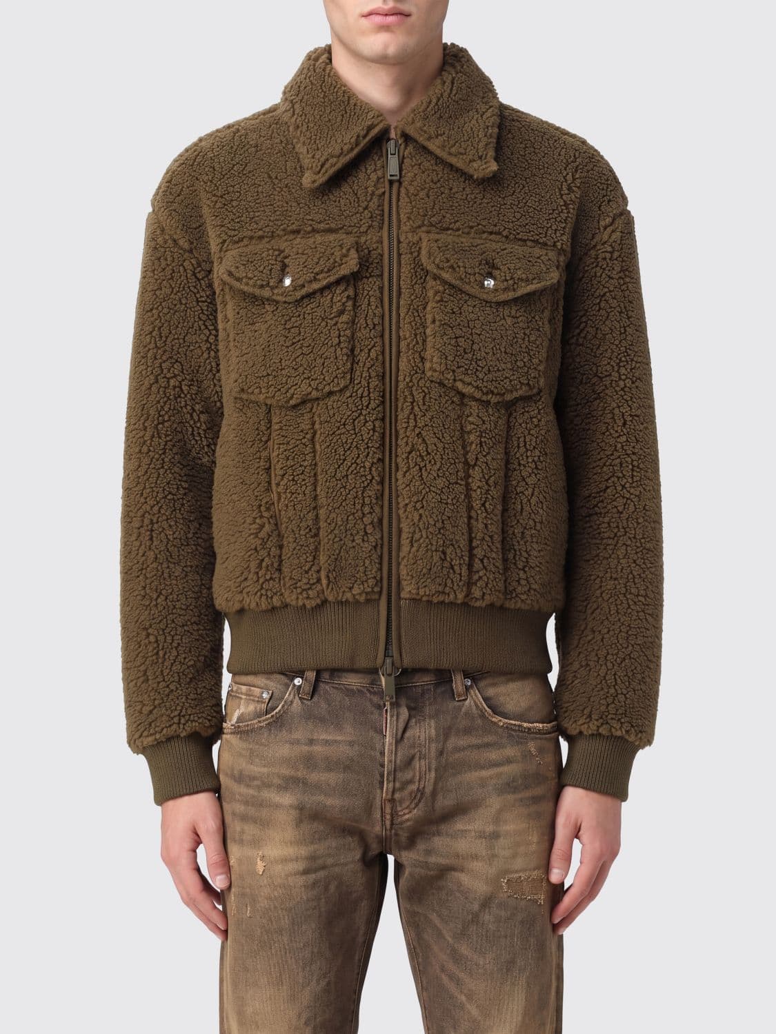 Dsquared2 Shearling Bomber Jacket with Classic Collar and Patch Pockets