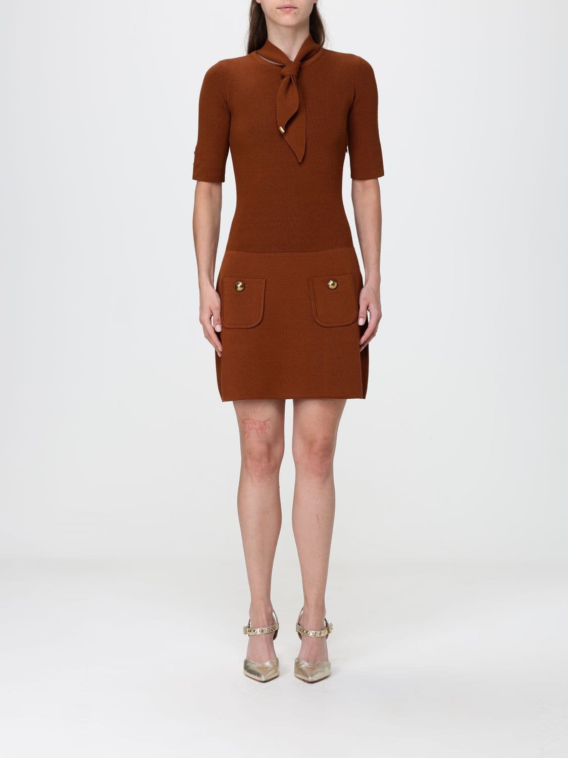 Elisabetta Franchi Knit Mini Dress with Pussy-Bow Collar and Pockets