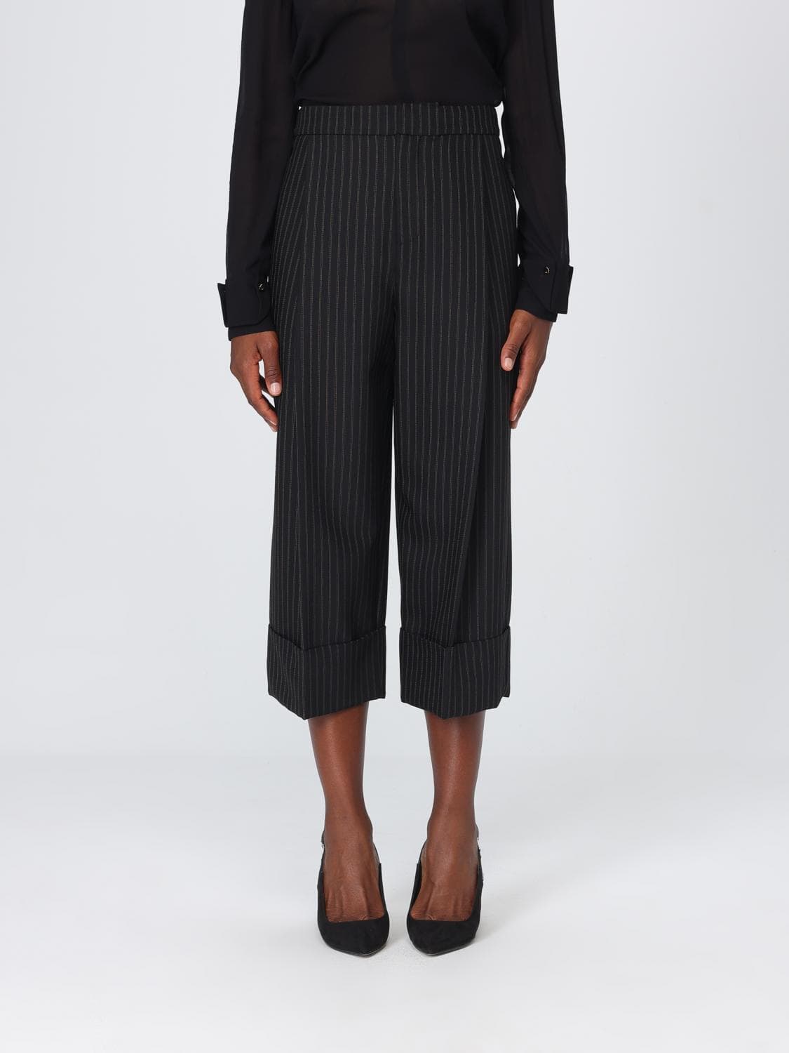 Elisabetta Franchi Pinstriped Cropped High-Waisted Trousers in Wool Blend