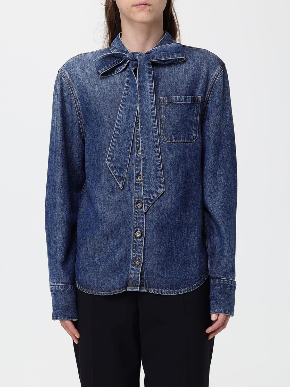 Self-Portrait Pussy-Bow Denim Shirt with Patch Pockets · 8