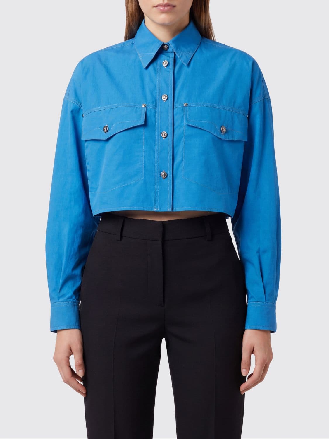 Versace Cropped Cotton Shirt with Dropped Shoulders and Flap Pockets