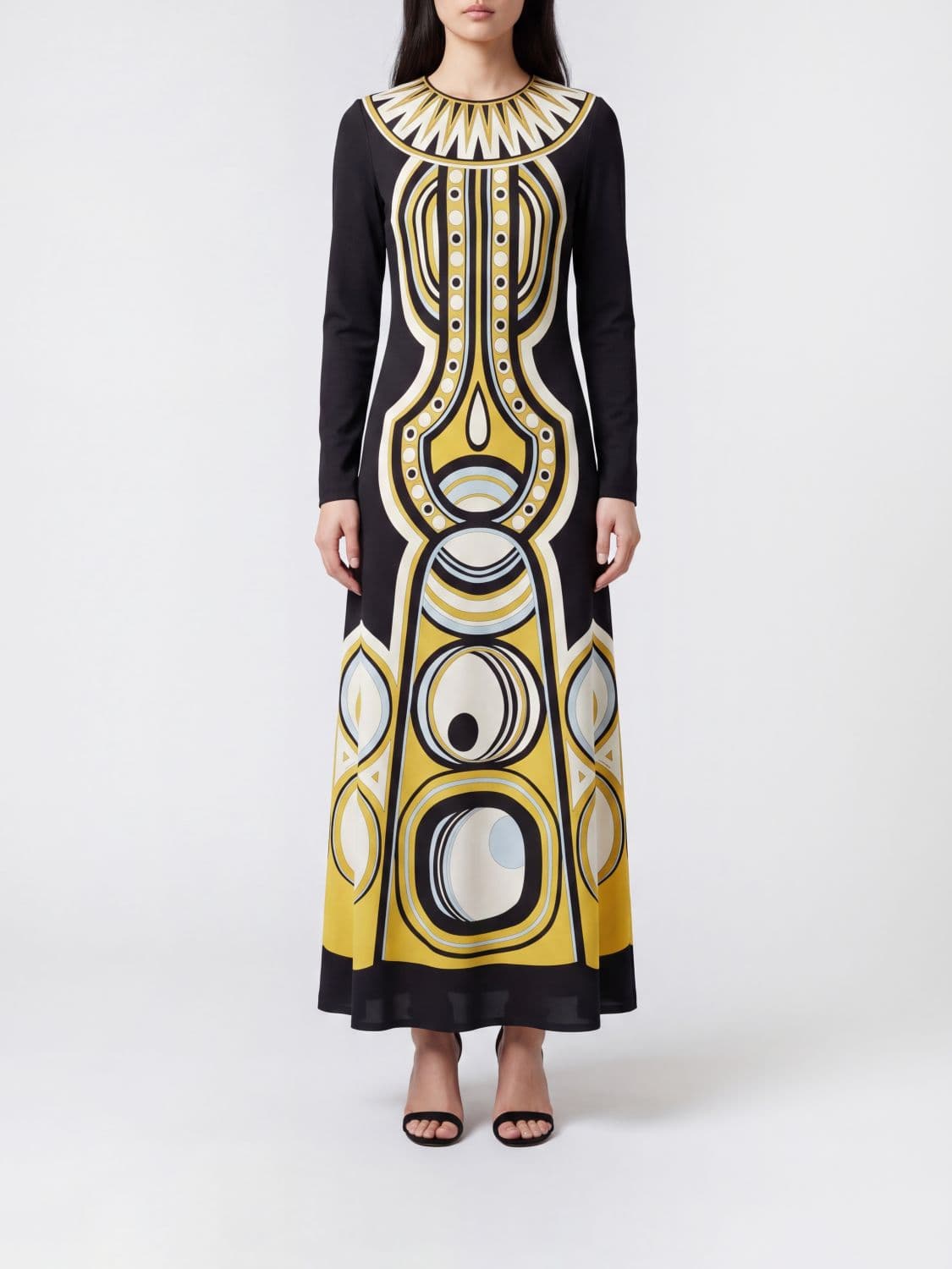 La Doublej Ethnic Print A-Line Midi Dress with Long Sleeves