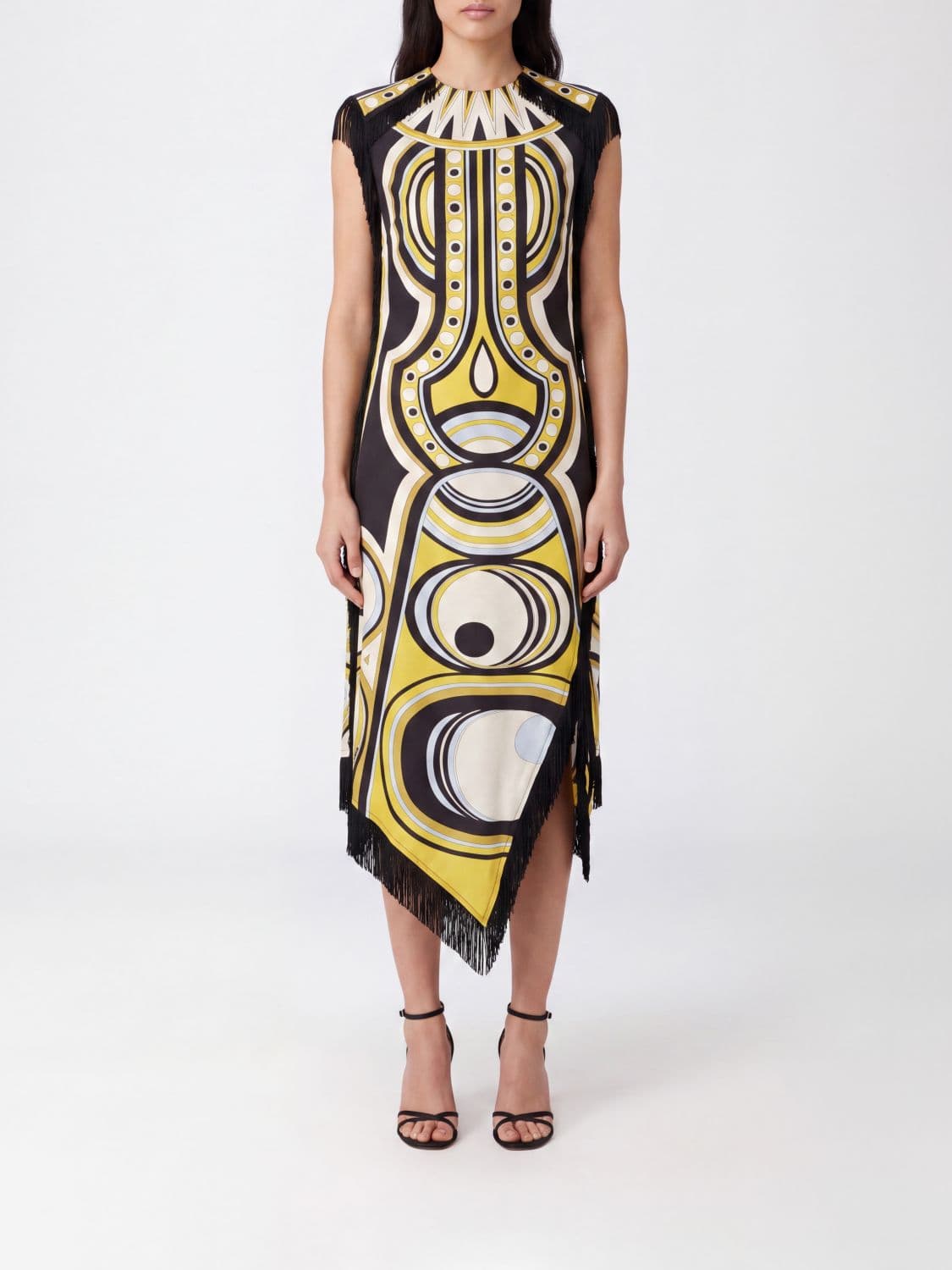 La Doublej Scarf Silk Midi Dress with Ethnic Pattern and Asymmetric Hem