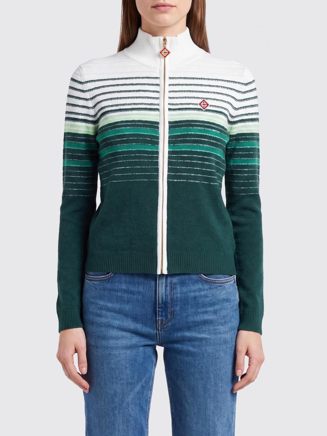 Casablanca Striped Cotton-Blend Turtleneck Cardigan with Zip and Contrast Logo