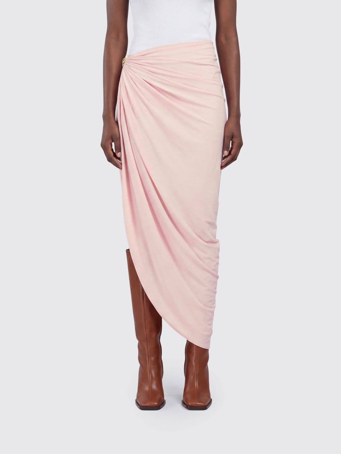 Sportmax Asymmetrical Draped High-Waisted Midi Skirt in Jersey