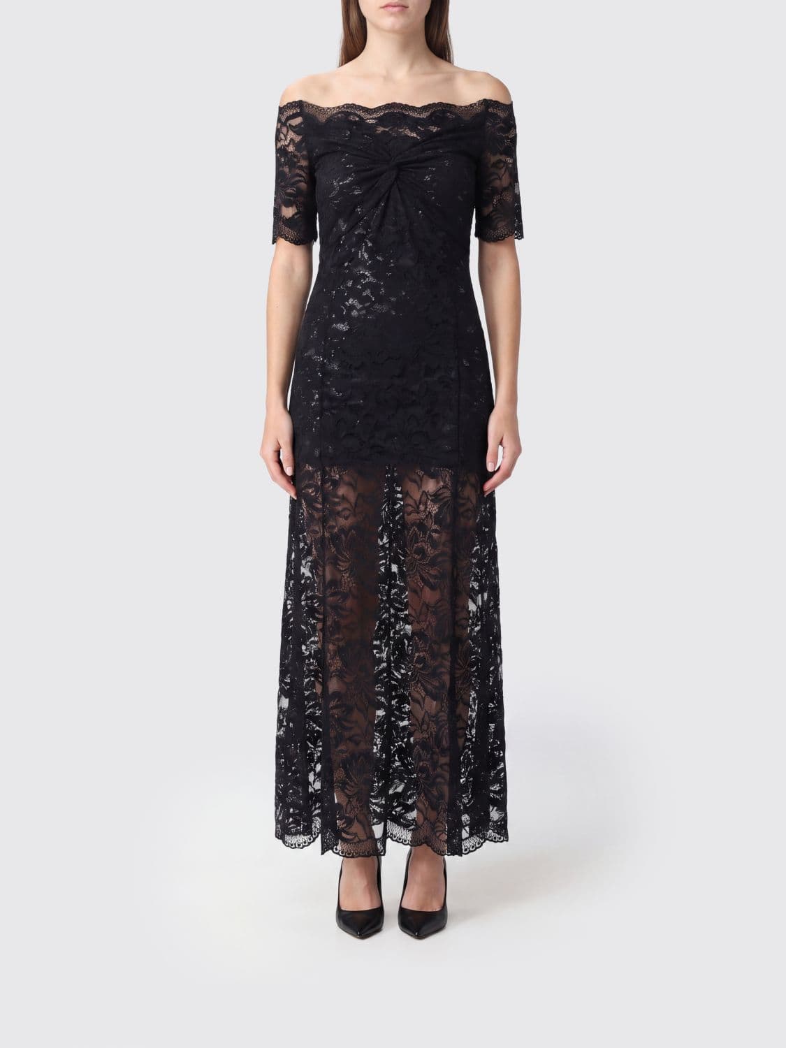 Rabanne Stretch-Lace Sheath Midi Dress with Straight Neckline