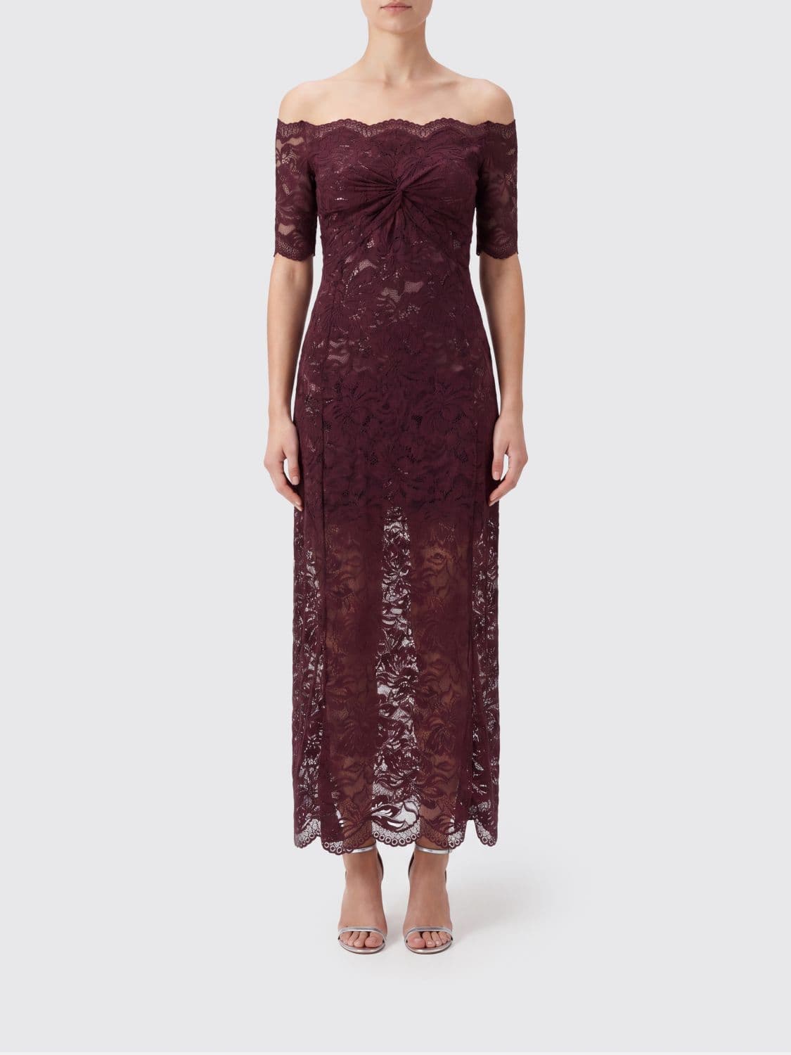 Rabanne Stretch-Lace Sheath Midi Dress with Straight Neckline
