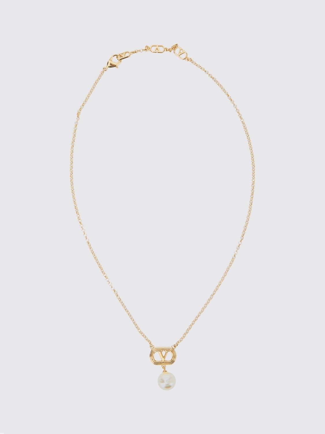 Valentino Garavani Pearl and Crystal VLogo Necklace in Brass · OS