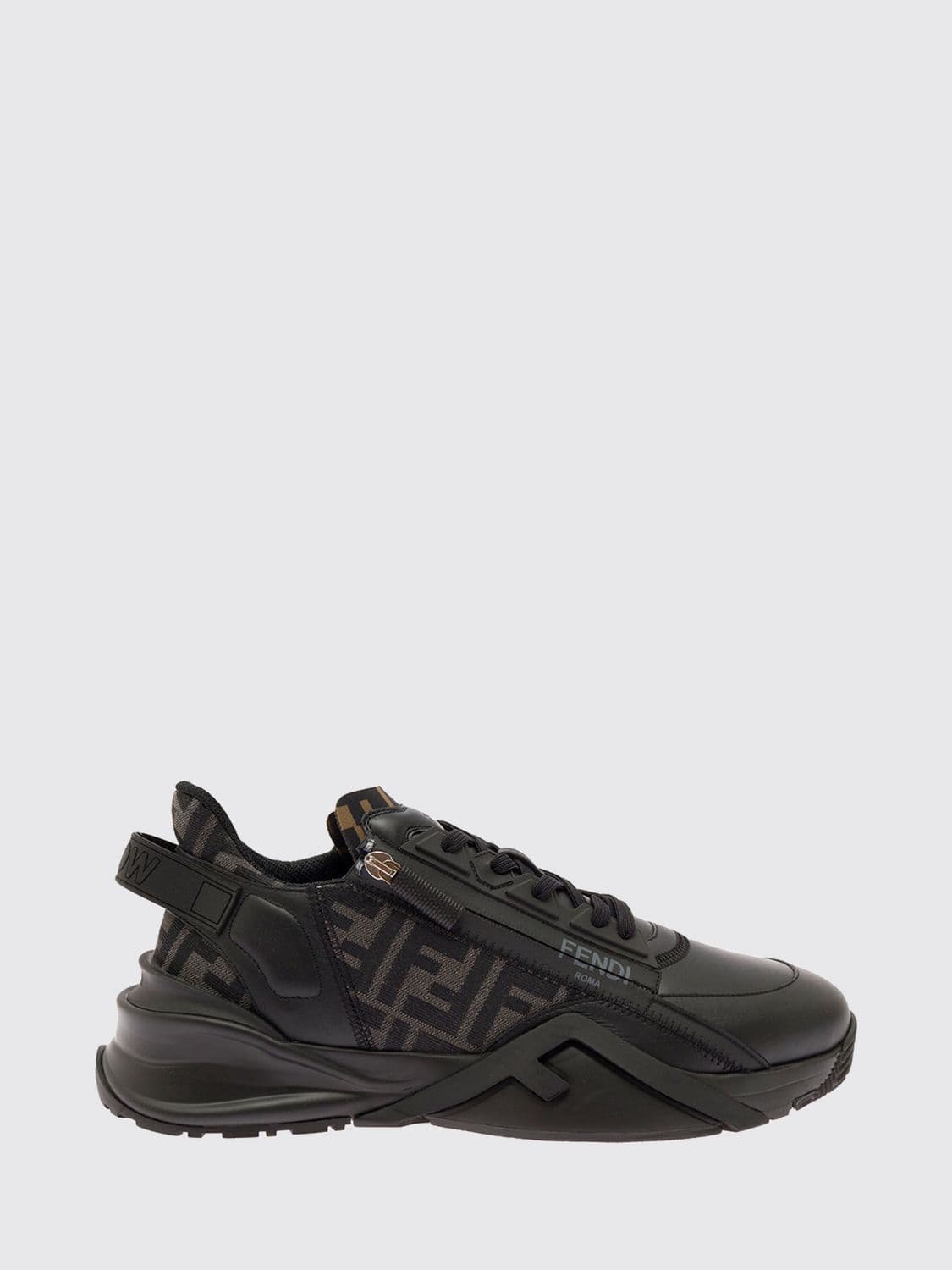 Fendi Flow Low-Top Leather and Fabric Sneakers with FF Monogram and Side Zip