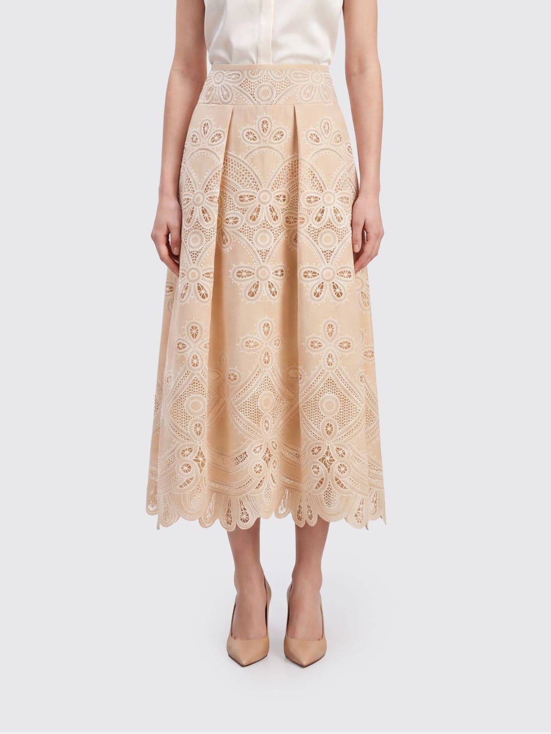 Elie Saab Broderie Anglaise High-Waisted A-Line Midi Skirt with an Ethnic Pattern