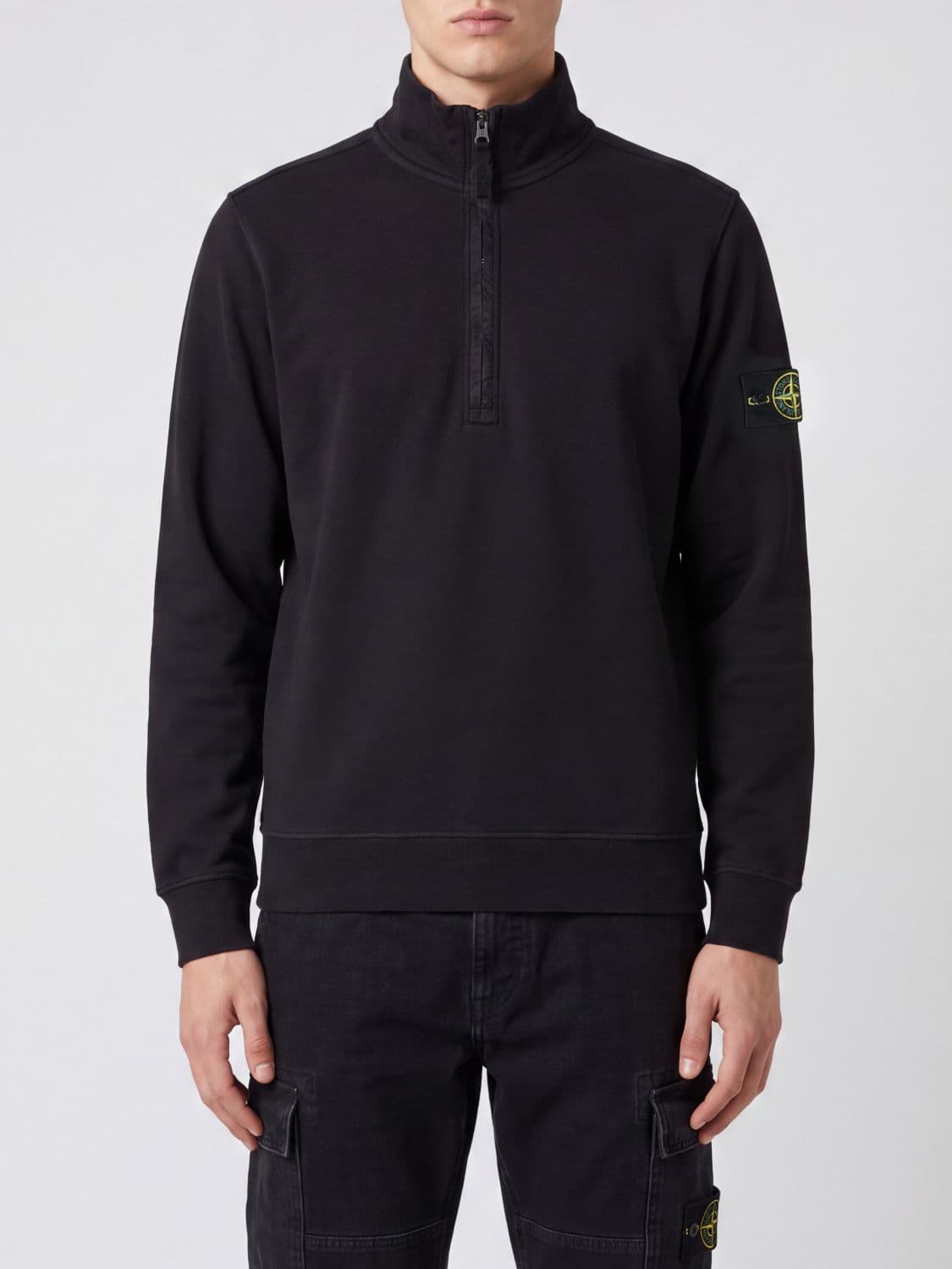 Stone Island Half-Zip Cotton Turtleneck Sweatshirt with Compass Logo Patch