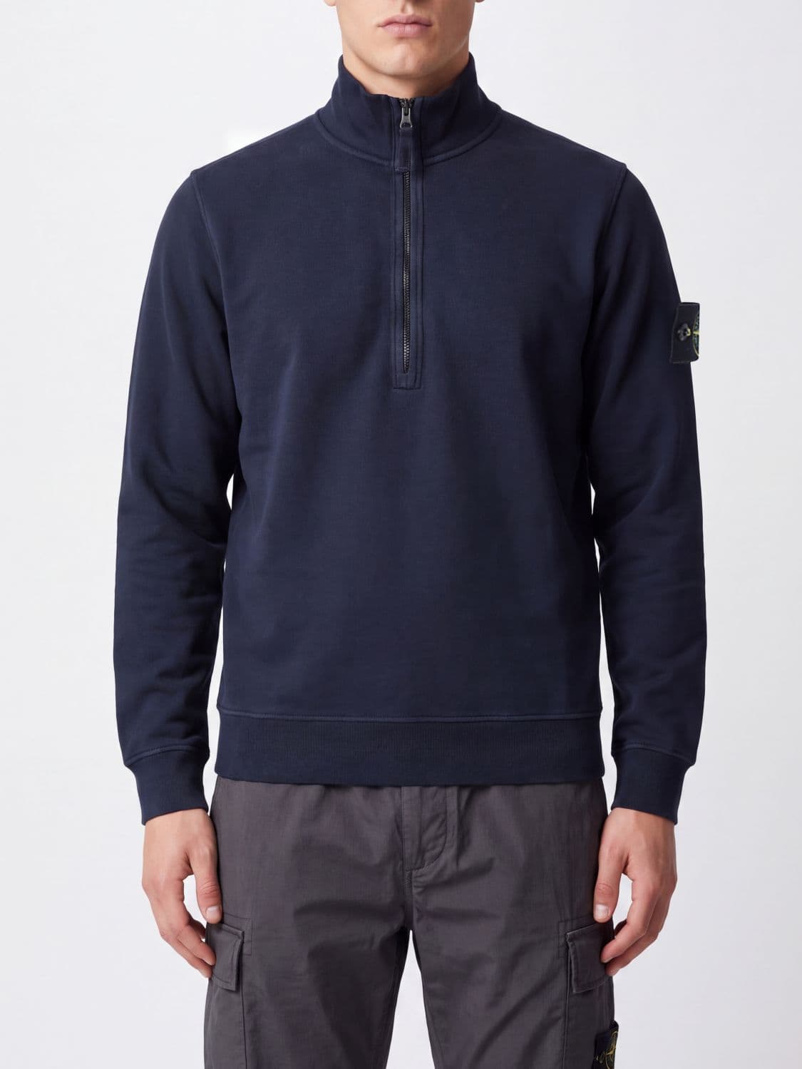 Stone Island Half-Zip Cotton Turtleneck Sweatshirt with Compass Logo Patch