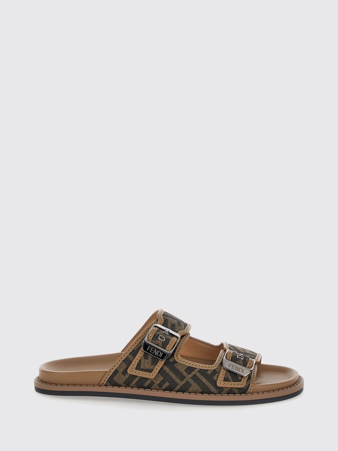 Fendi Feel Flat Leather and Fabric Sandals with FF Monogram and Double Strap