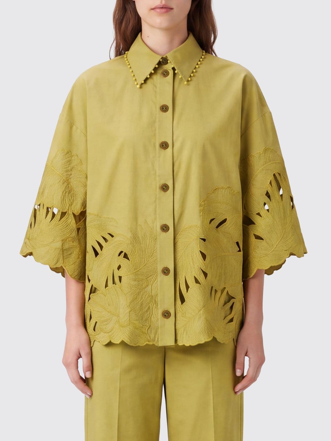 Zimmermann Mahon Cotton Shirt with Lace Inserts and Dropped Shoulders