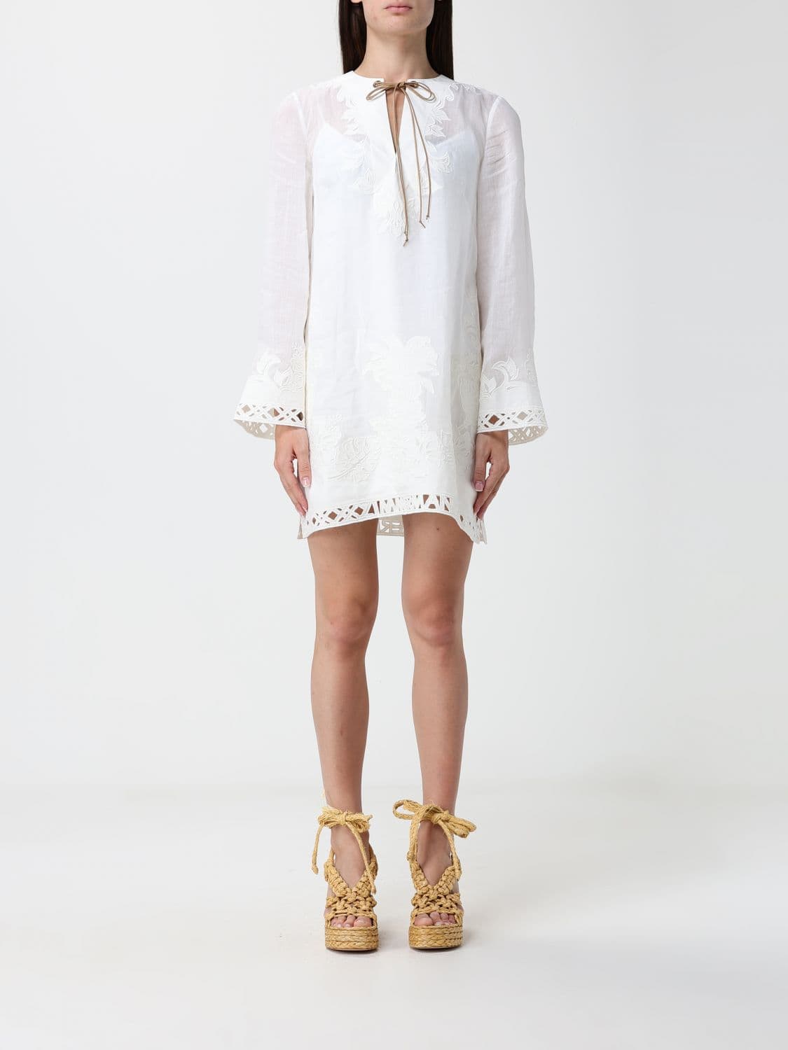 Zimmermann Embroidered Ramie Long-Sleeved Mini Tunic with Lace Inserts