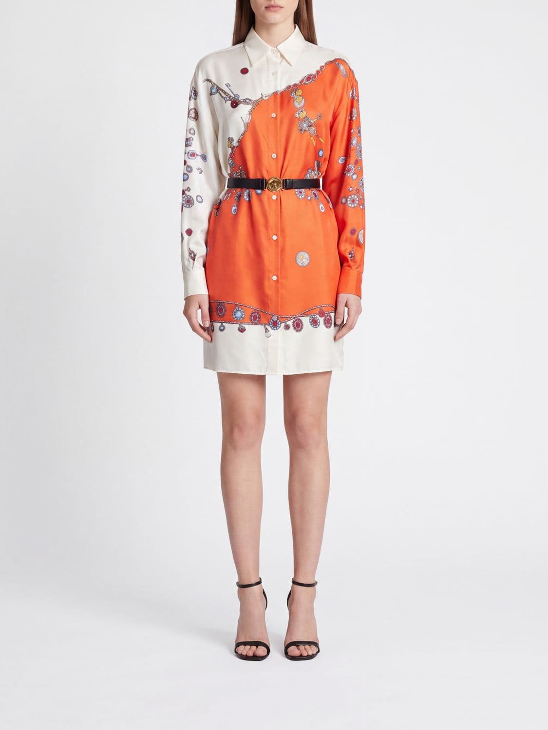 Versace Graphic-Print Silk Mini Chemisier Dress with Waist Belt