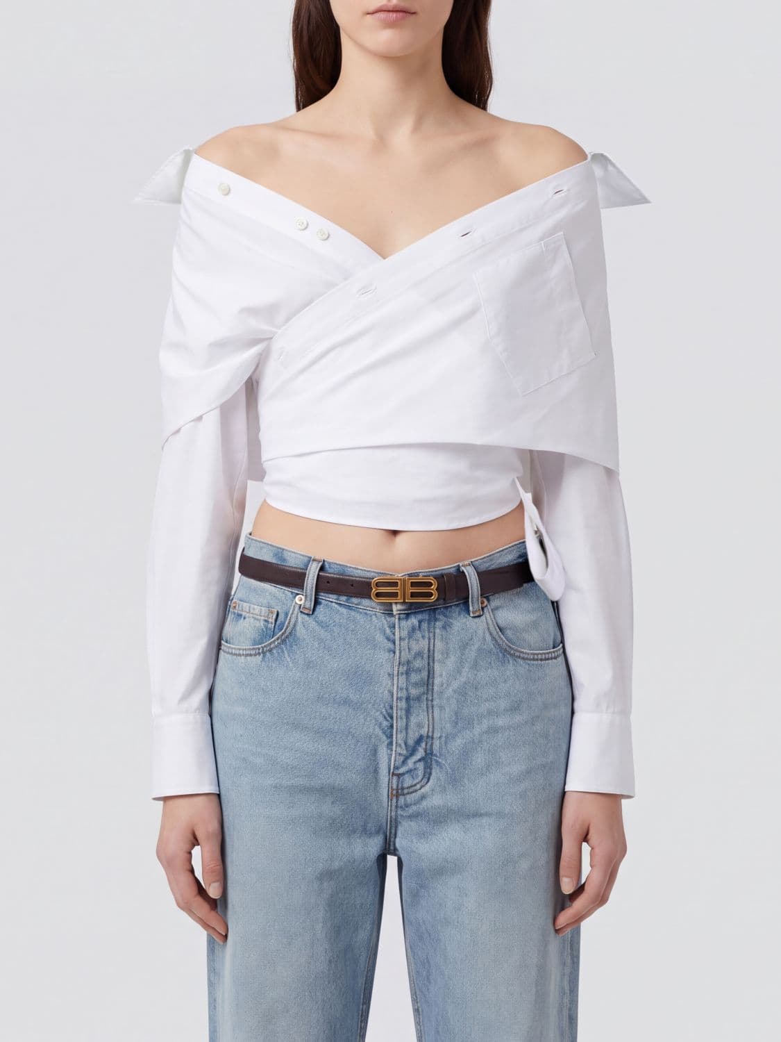 Balenciaga Cropped Ruched Cotton Long-Sleeved Shirt