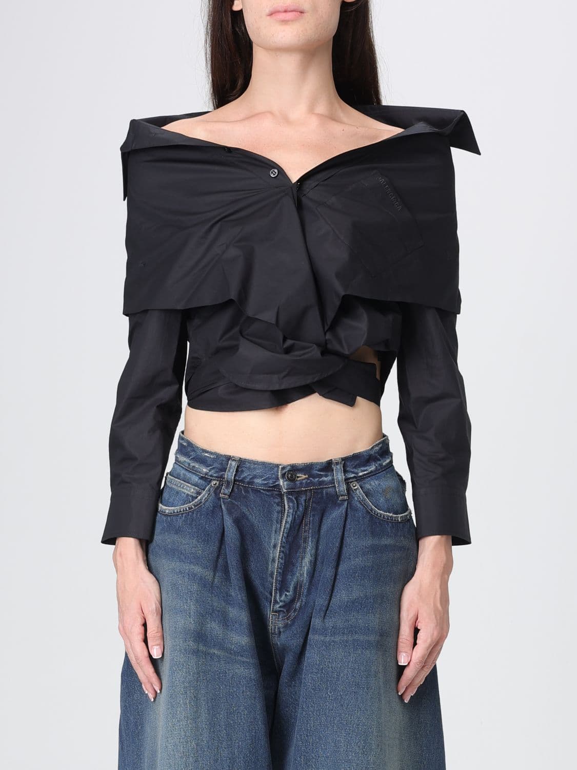 Balenciaga Cropped Ruched Cotton Long-Sleeved Shirt · 34