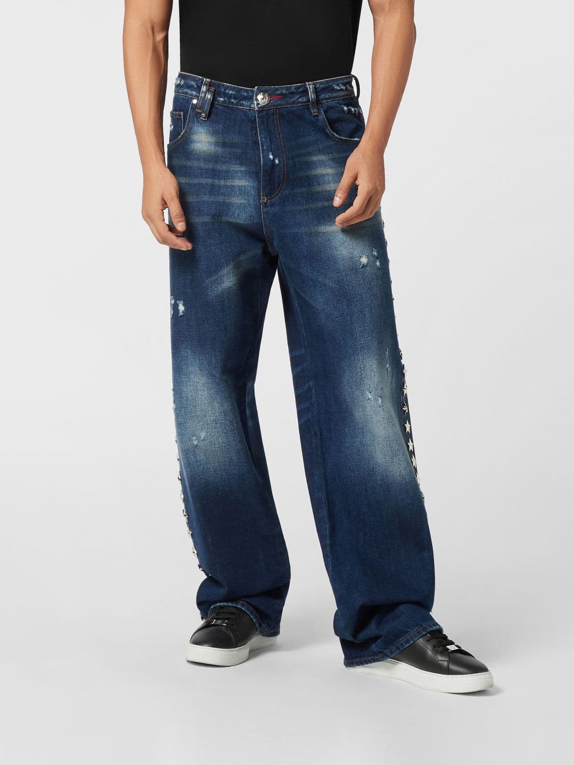 Philipp Plein Wide Leg Jeans in Stretch Denim with Distressed Effect and Studs · 32