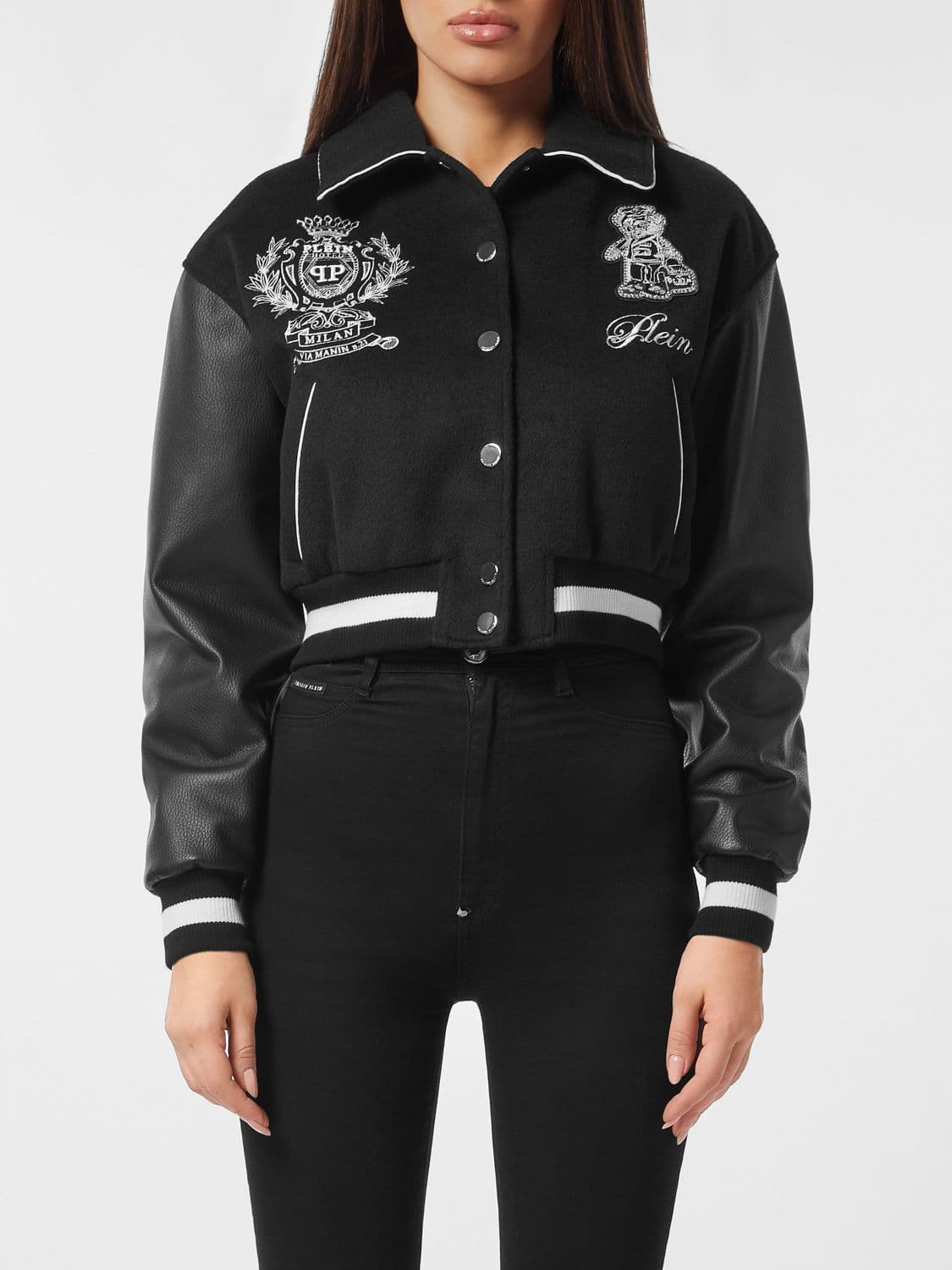 Philipp Plein Wool and Leather Varsity Bomber Jacket with Embroidered Teddy Bear Logo