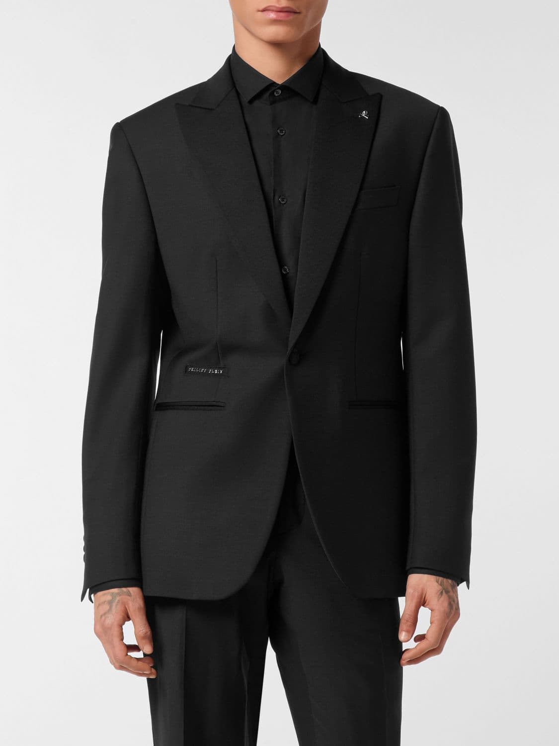 Philipp Plein Single-Breasted Wool Blend Blazer with Crystals and Peak Lapels