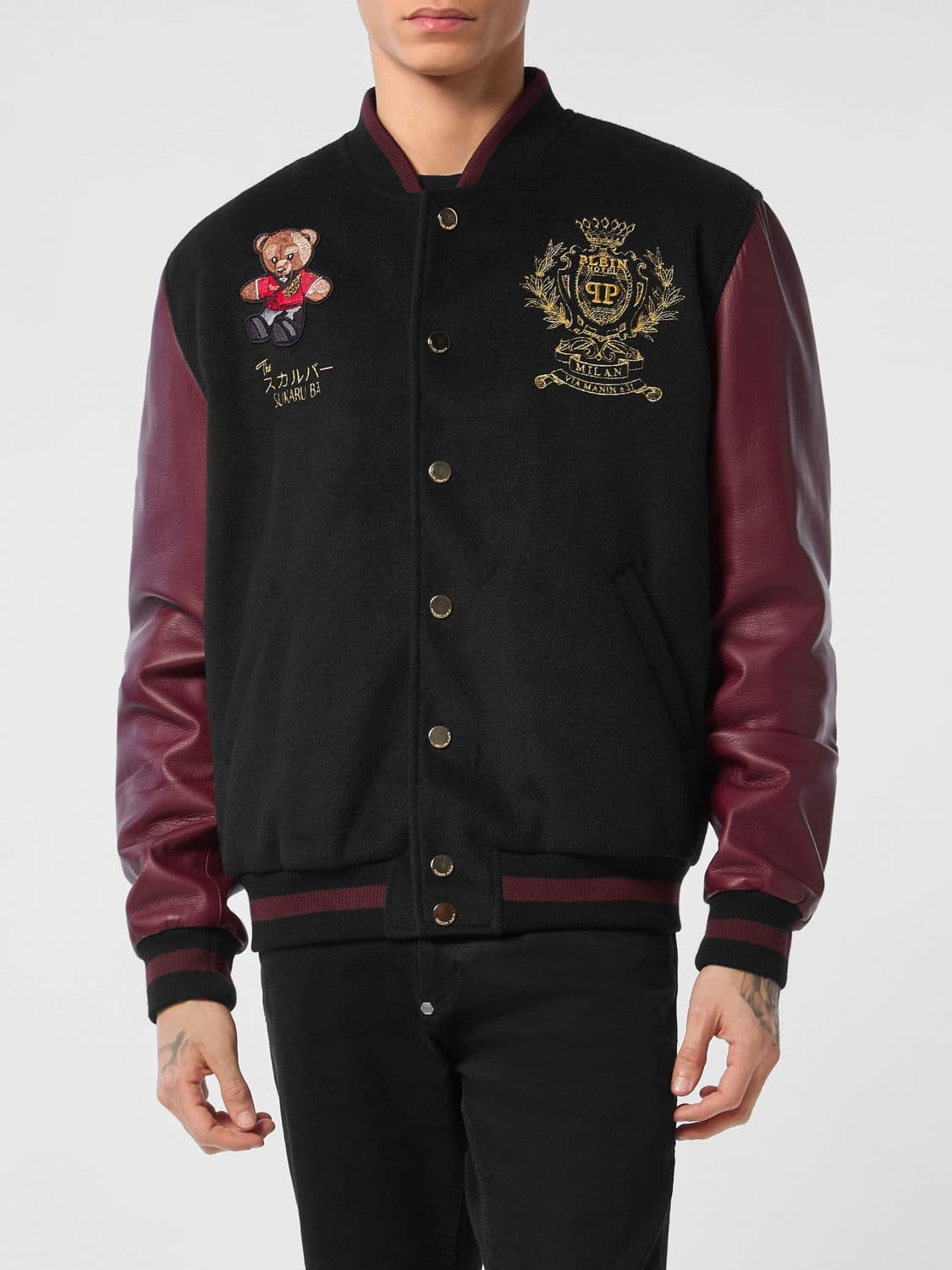 Philipp Plein Wool and Leather Varsity Bomber Jacket with Long Sleeves and Embroidered Logo
