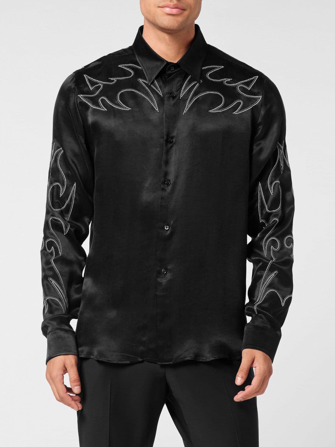 Philipp Plein Slim Fit Silk Shirt with Flame Print and Rhinestones