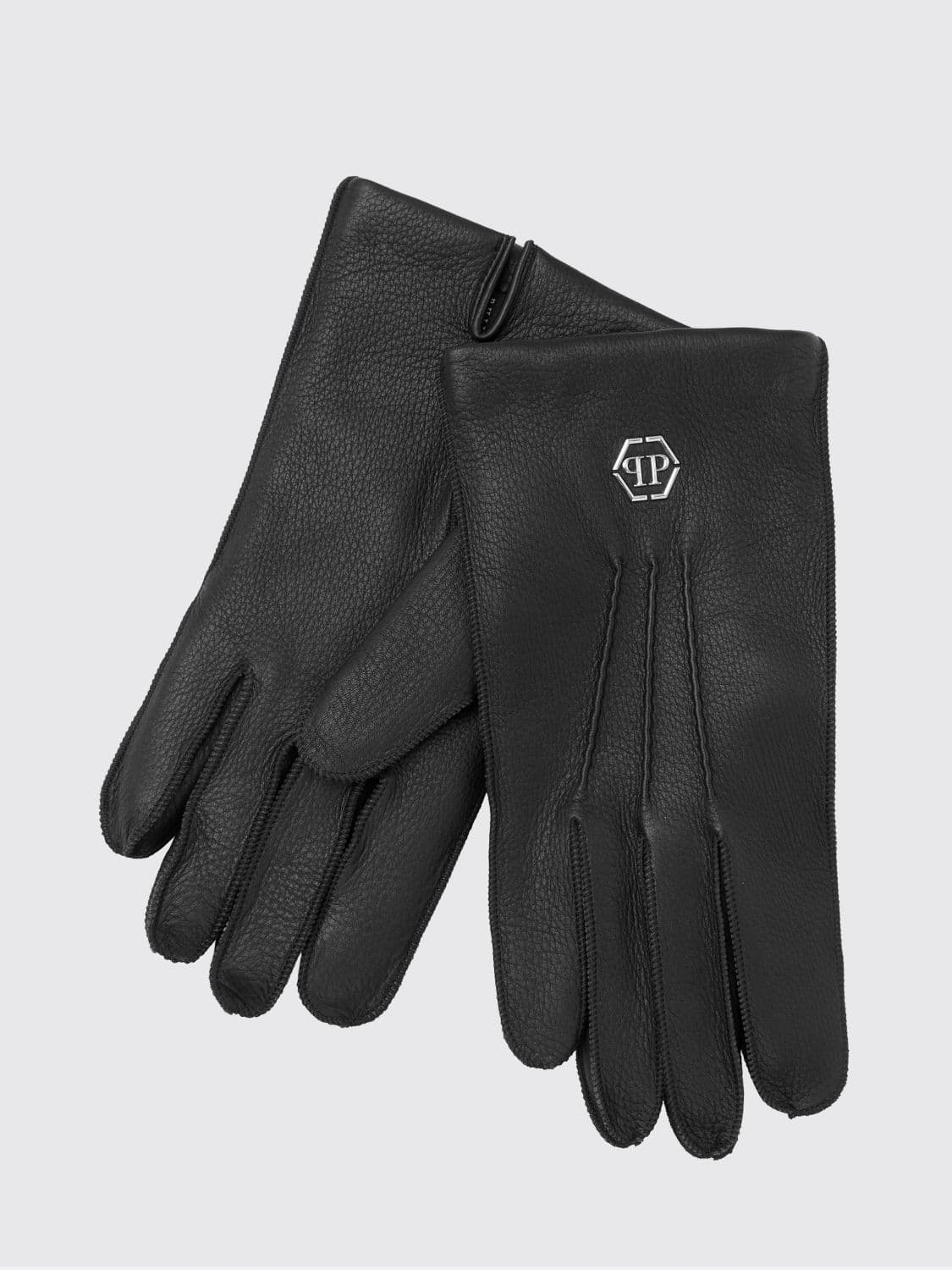 Philipp Plein Grained Leather Gloves with Hexagon Logo