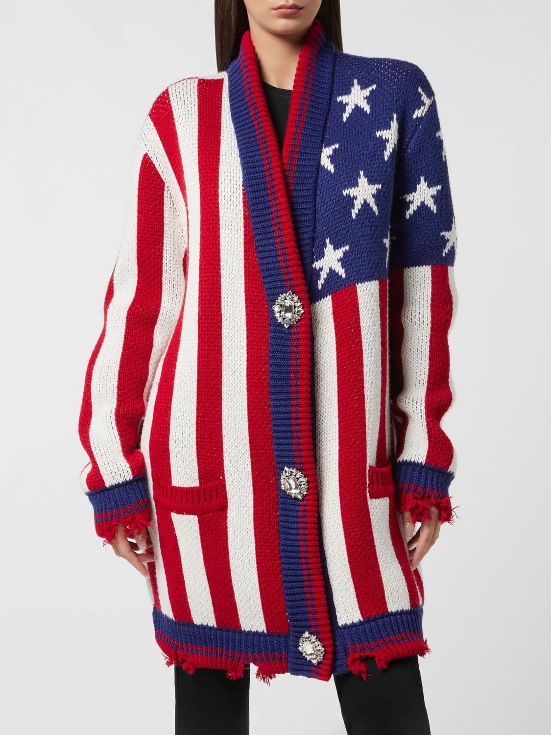 Philipp Plein Relaxed Fit Striped Wool Blend Cardigan with Jewelled Buttons