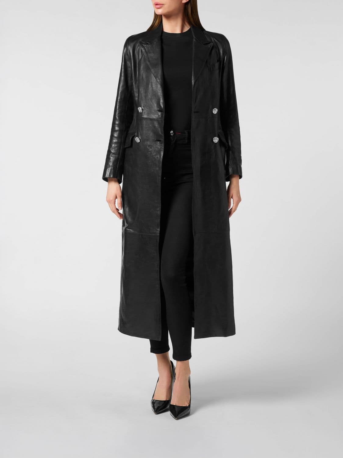 Philipp Plein Long Double-Breasted Lambskin Jacket with Jewelled Buttons