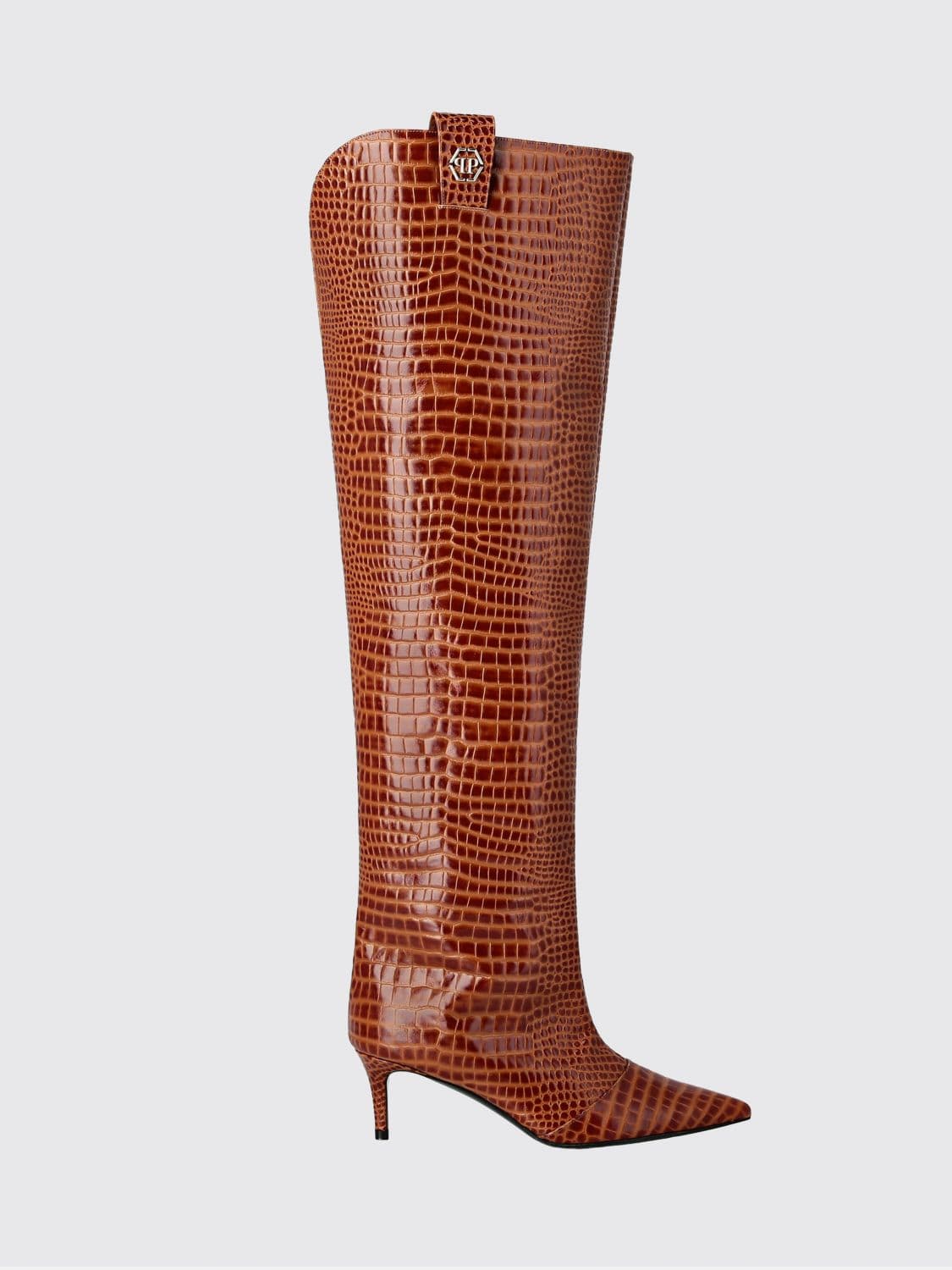 Philipp Plein Croc-Embossed Leather Over-the-Knee Boots with Hexagon Logo